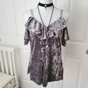 Crushed Velvet Cold Shoulder Ruffle Blouse Whimsigoth